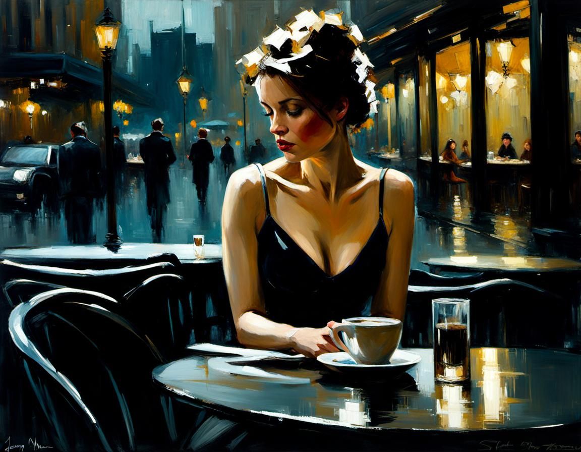 Woman at Cafe: Melancholic Oil Painting