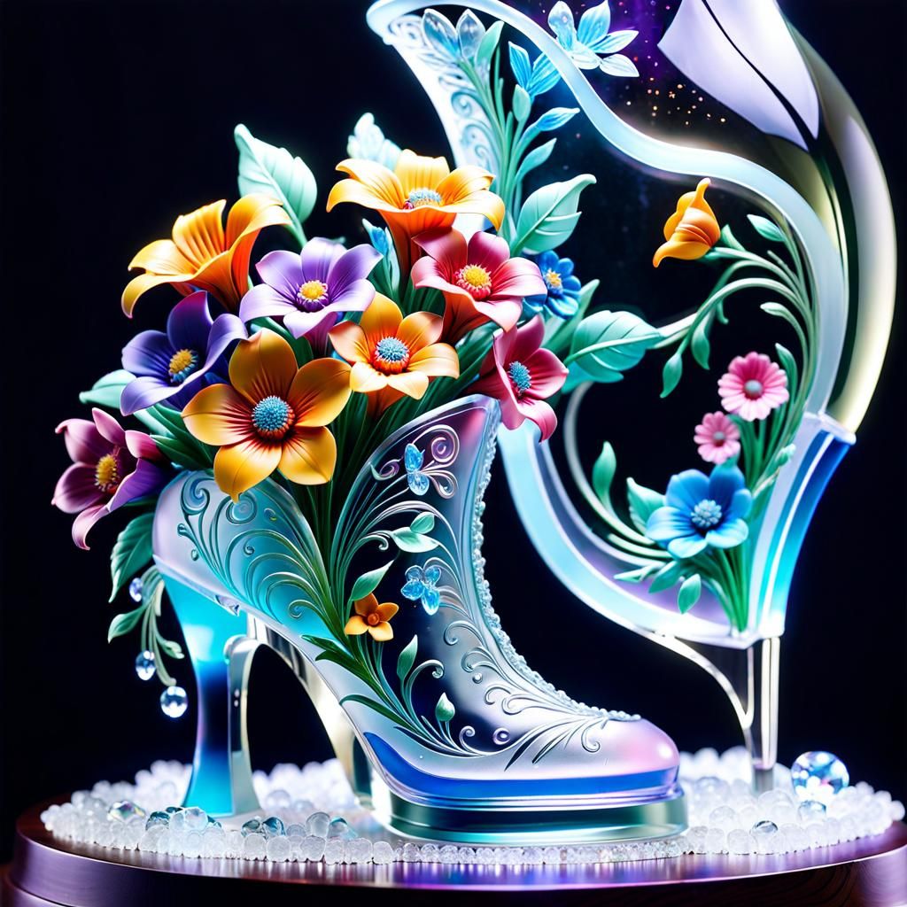 Translucent Ice Boot Sculpture with Floral Bouquet
