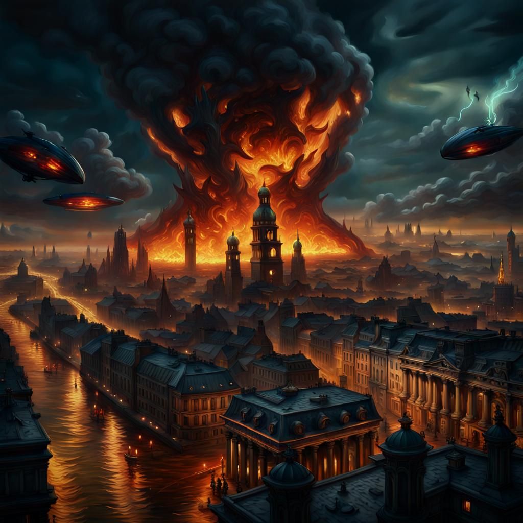 Baroque City Ablaze with Zeppelins: A Matte Painting