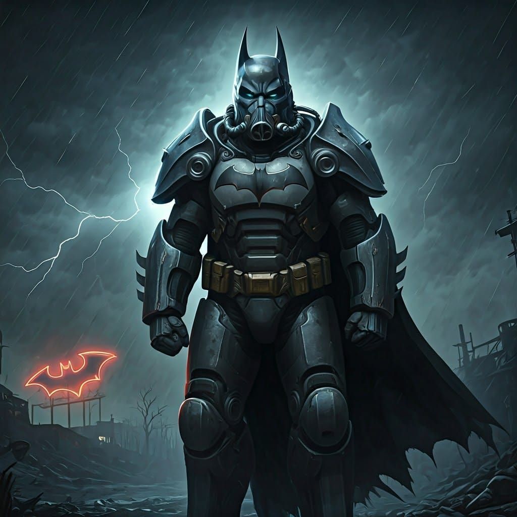 Batman in Fallout Power Armor with Neon Sign