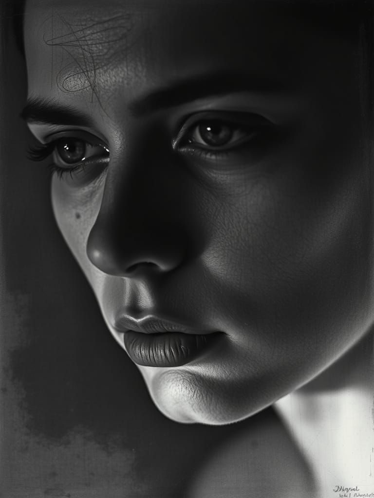 Contemplative Portrait in Minimalist Grid, Inspired by Agnes...