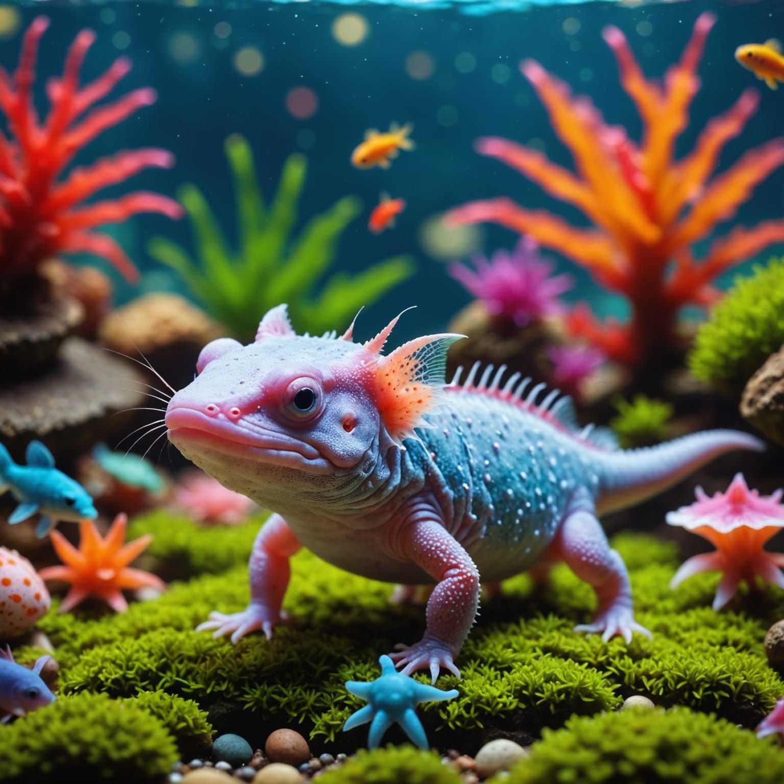 Surreal Aquarium Scene with Axolotl and Miniature Figurines ...