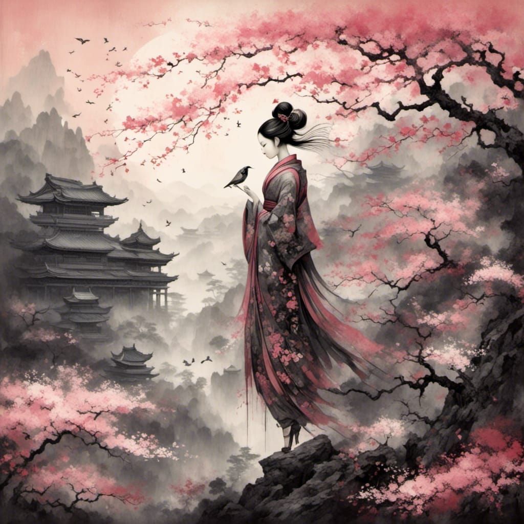 <lora:Sosaku hanga:1.0> <lora:Lily Harmony:1.0> <lora:mist:1.0> A cherry blossom fairy Wearing punk clothes With a Japan...