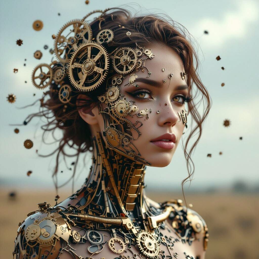 Mechanical Dissolve: Steampunk Woman in the Wind