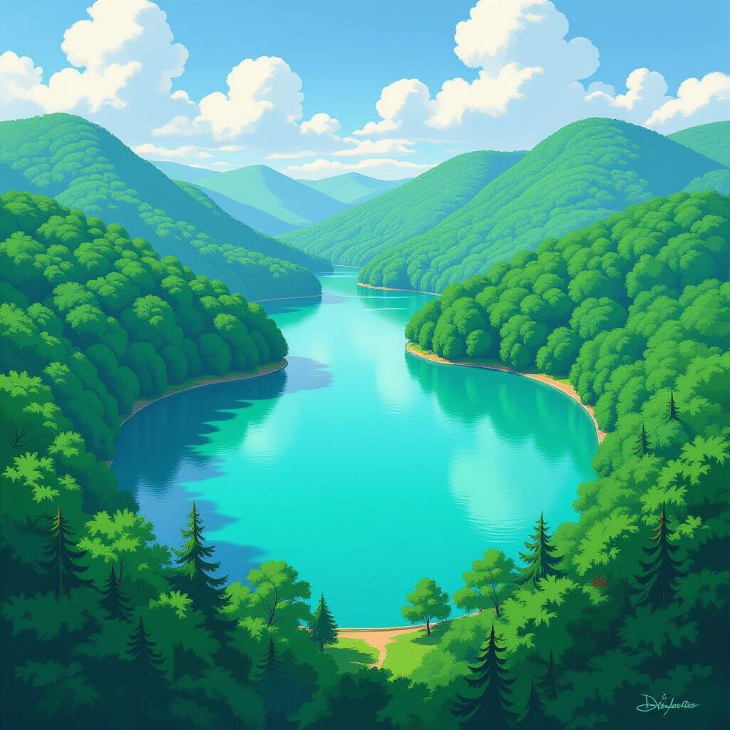 Heart-Shaped Lake in Lush Forest, Fantasy Art