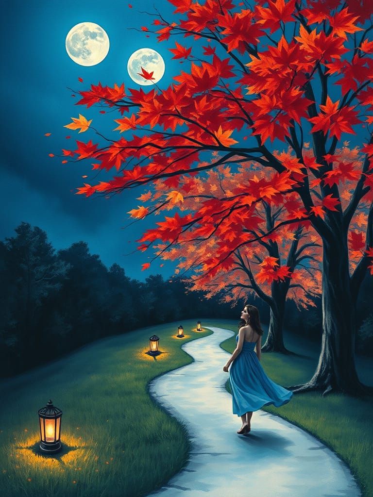 Woman Walks Under a Vibrant Blue Moonlit Sky