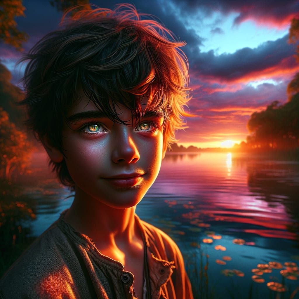 Sunset Lake: Hyperrealistic Boy's Evening Reflection