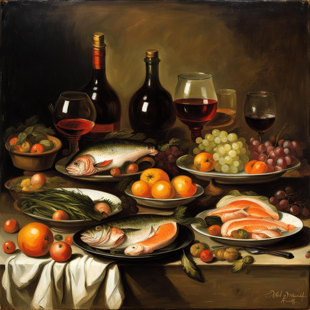 Still Life Food Platter in Rembrandt Style