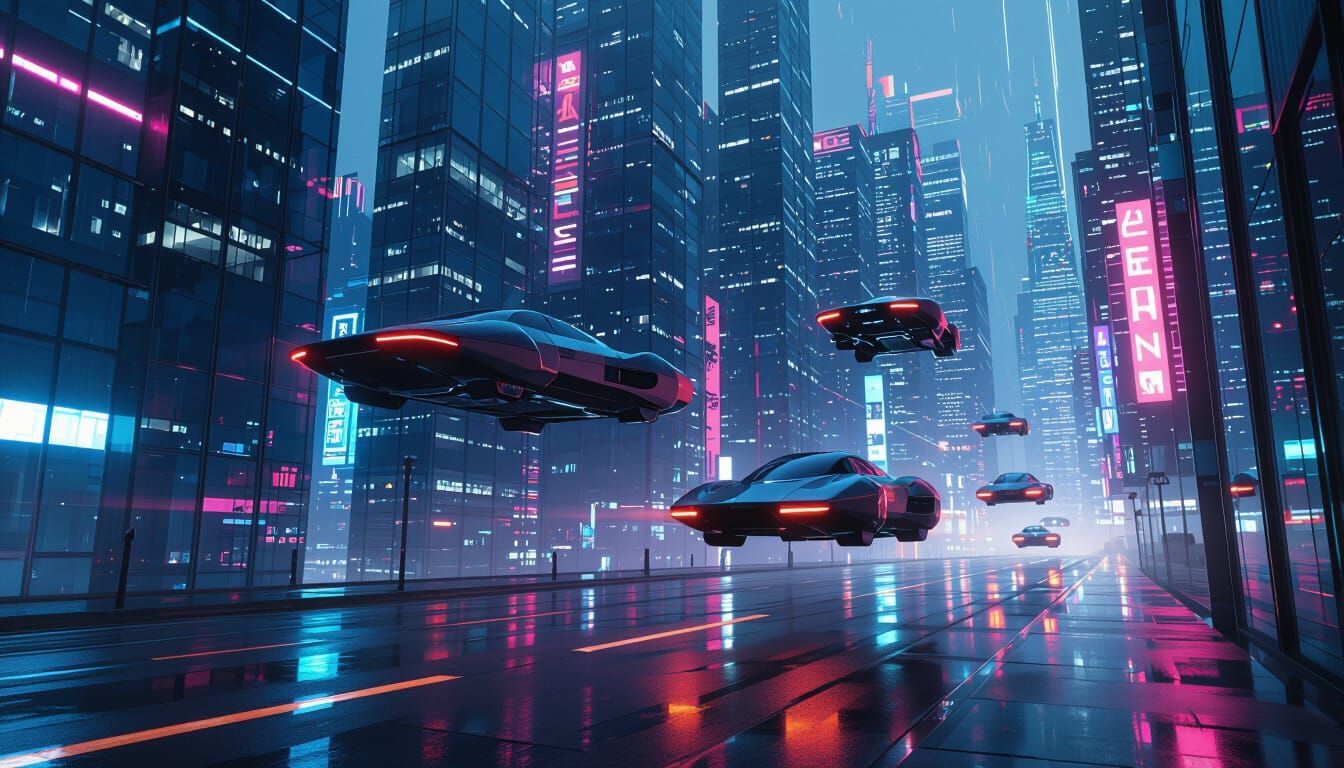 Futuristic Cityscape with Flying Cars and Robots