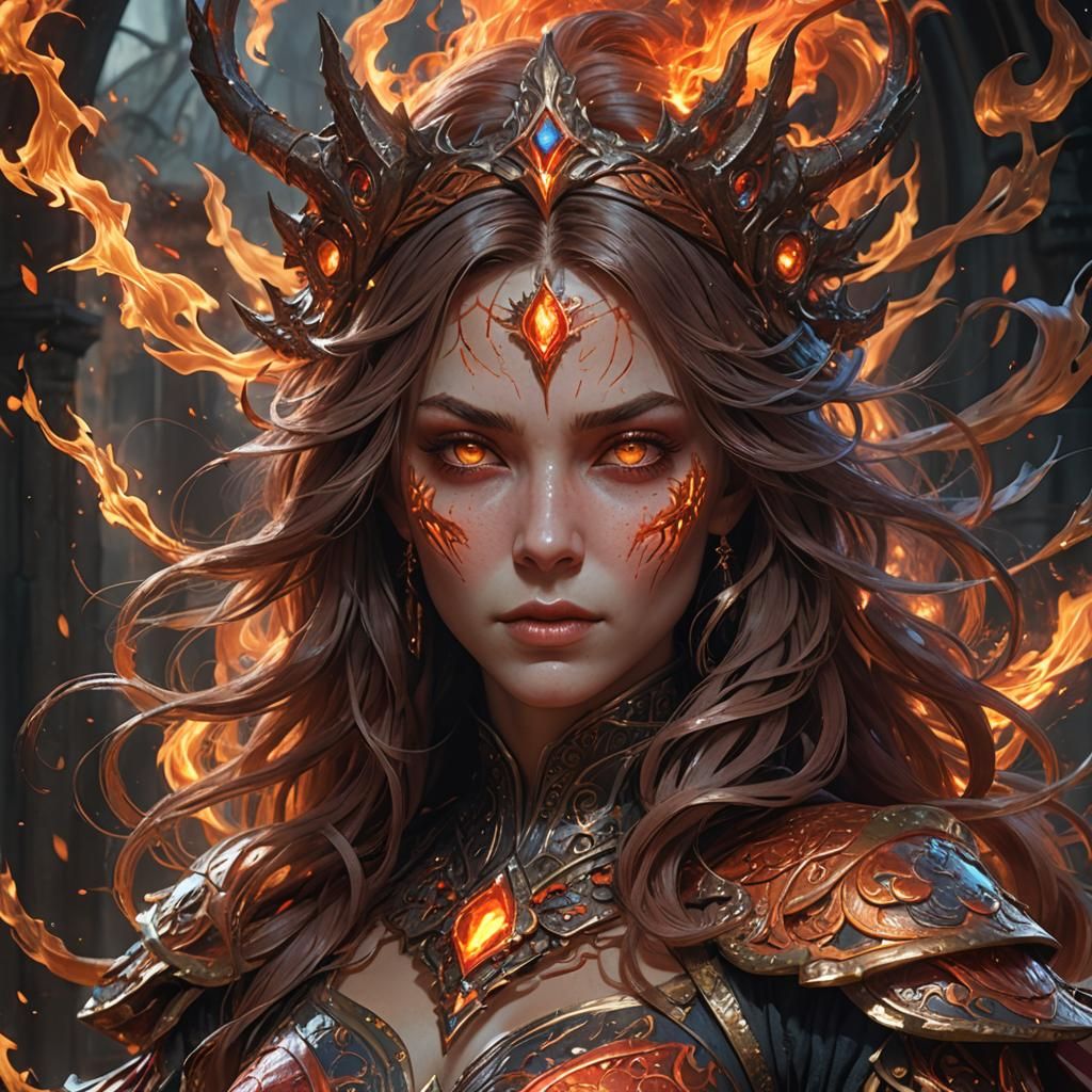 Fiery Fire Witch Portrait in Hyperdetailed Digital Art