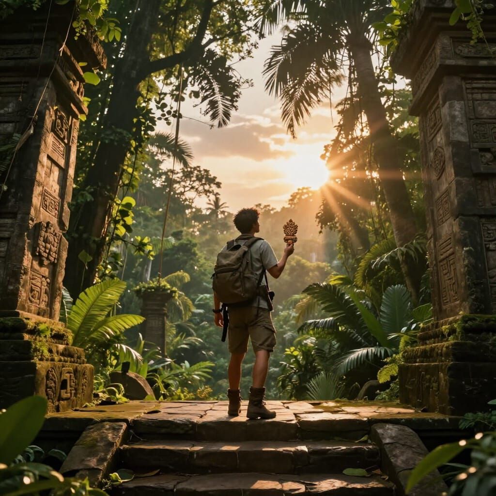 Explorer Emerges From Jungle Temple at Sunset