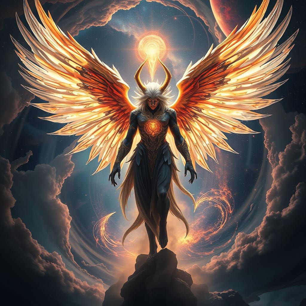 Celestial Angel-Demon Hybrid in Cosmic Vortex
