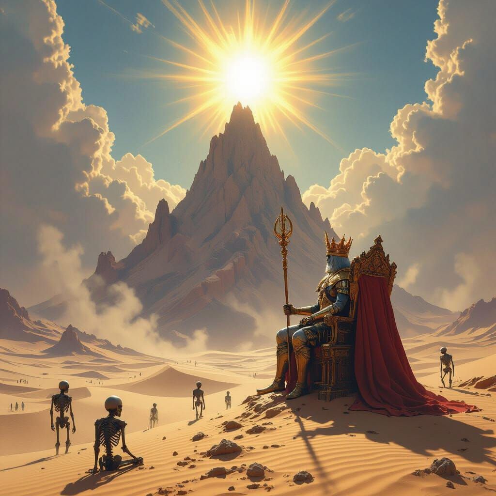 King on Mountain Throne Above Desert, Digital Painting