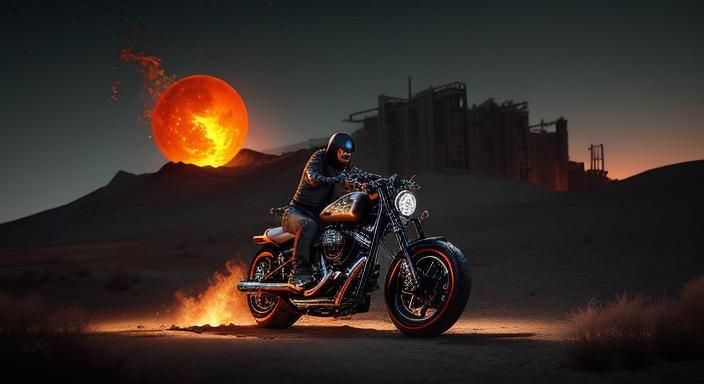 Ghost Rider Biker with Flaming Skull in Desert