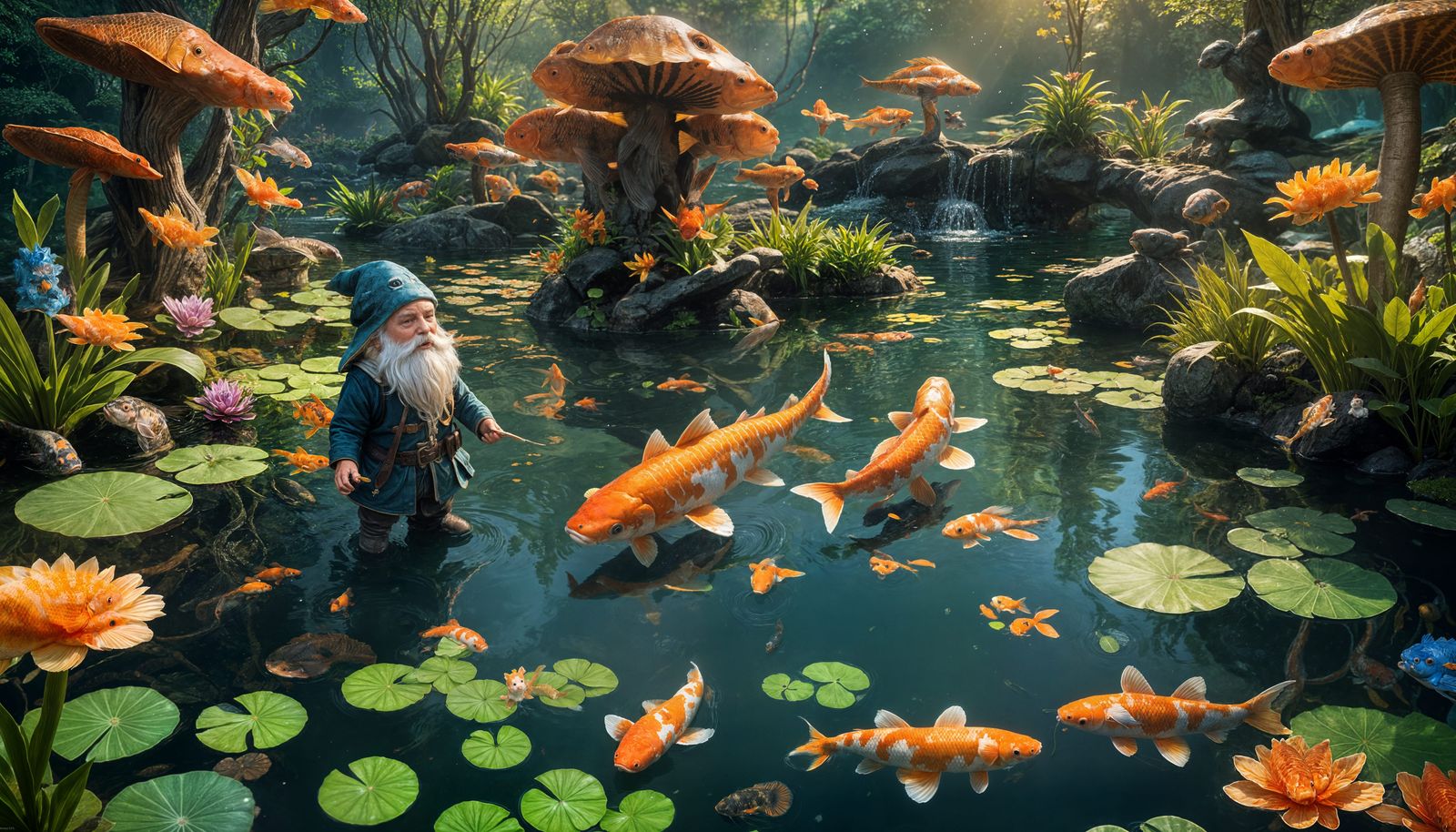 Koi Selfie with Gnome: Fantasy Concept Art