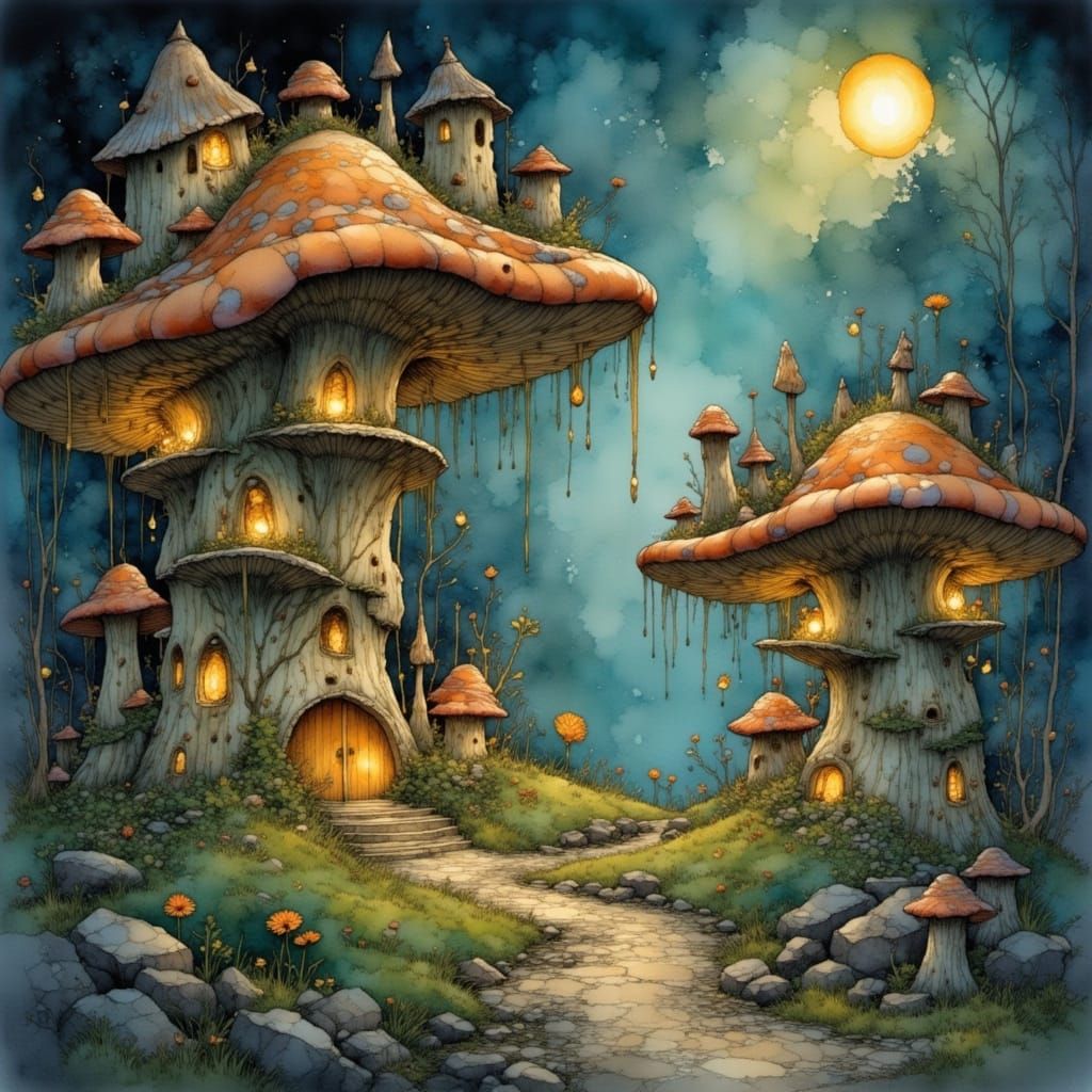 Whimsical Gnome Village in Giant Mushroom Forest, Painterly ...