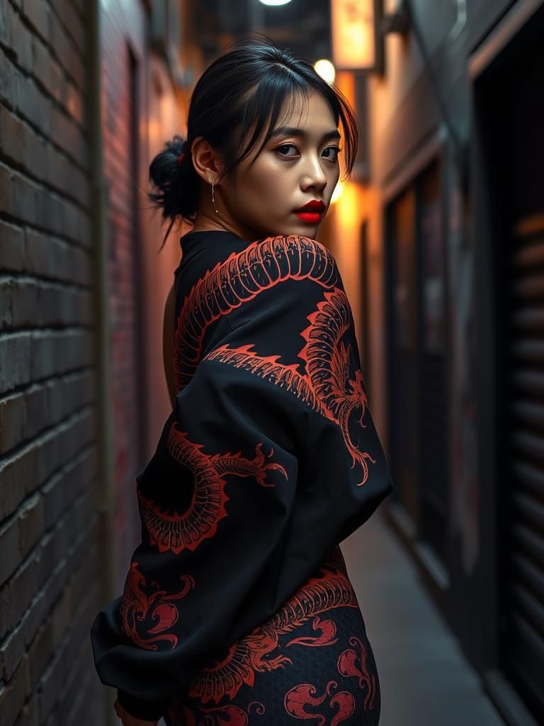 Woman with Dragon Tattoo in Streetwear