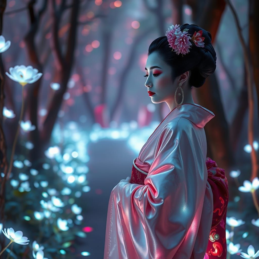 Ethereal Geisha in Bioluminescent Forest