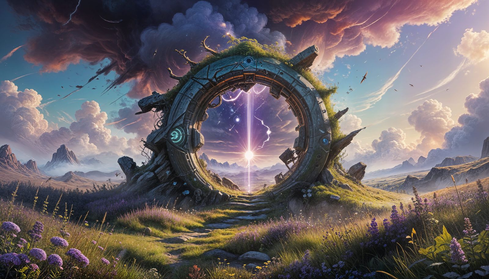 Mystical Portal Appears in Meadow: Surreal Oil Painting