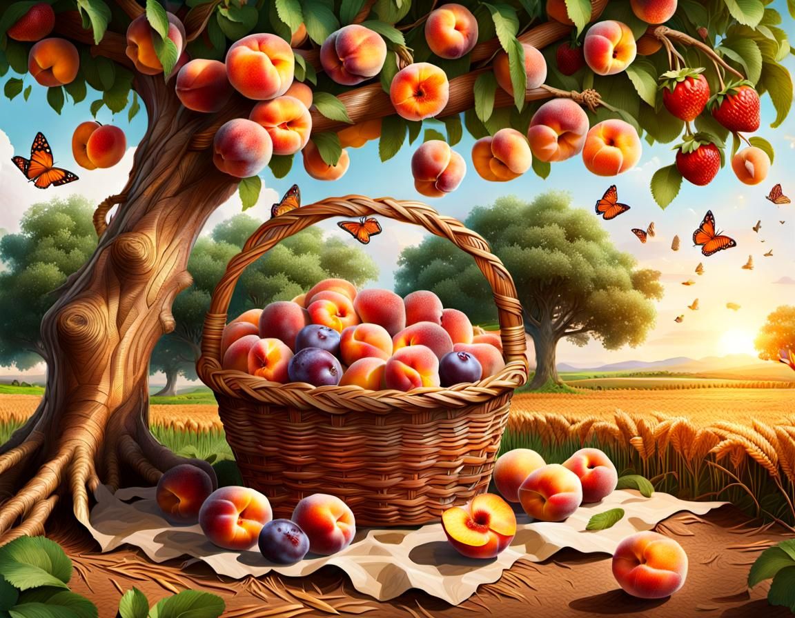 Summer Fruit Basket with Butterflies in Watercolor