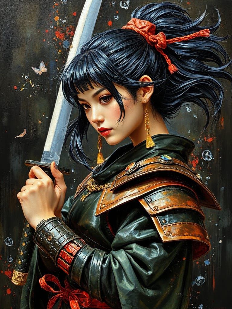 Mysterious Samurai Maiden in Impasto Oil Painting