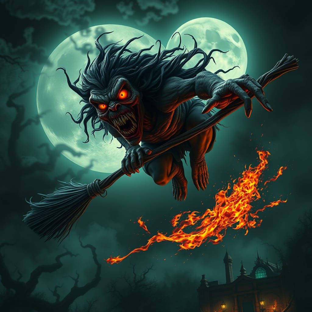 Grotesque Witch Soars Through Stormy Night Sky in Dark, Eeri...