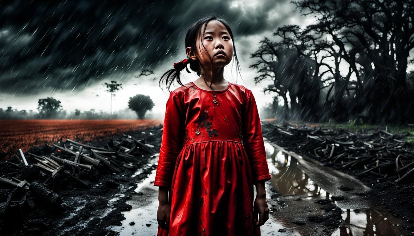Frightened Girl Amidst Falling Ashes: Hyperrealistic Image