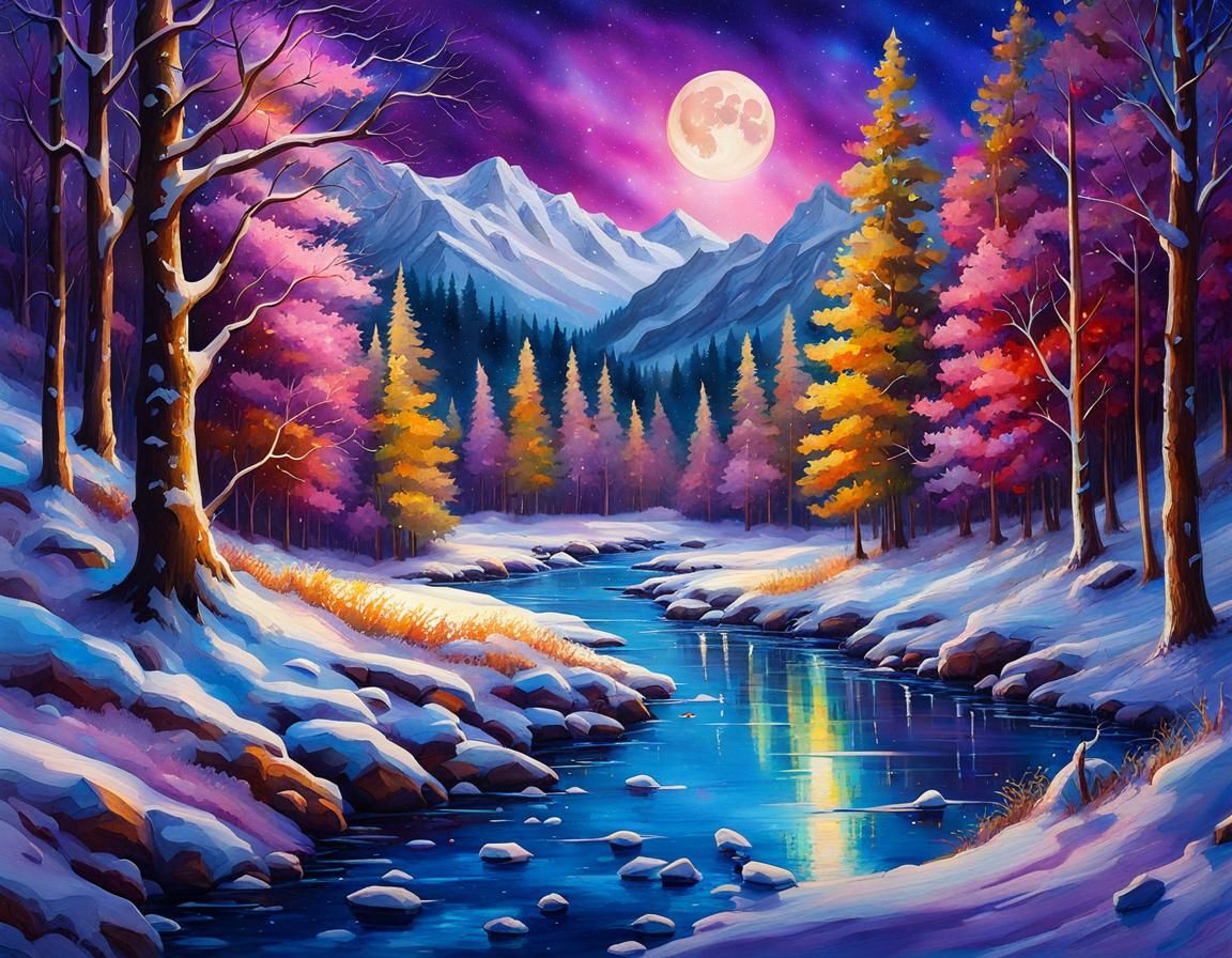 Enchanted Winter Forest Landscape in Oil and Watercolor