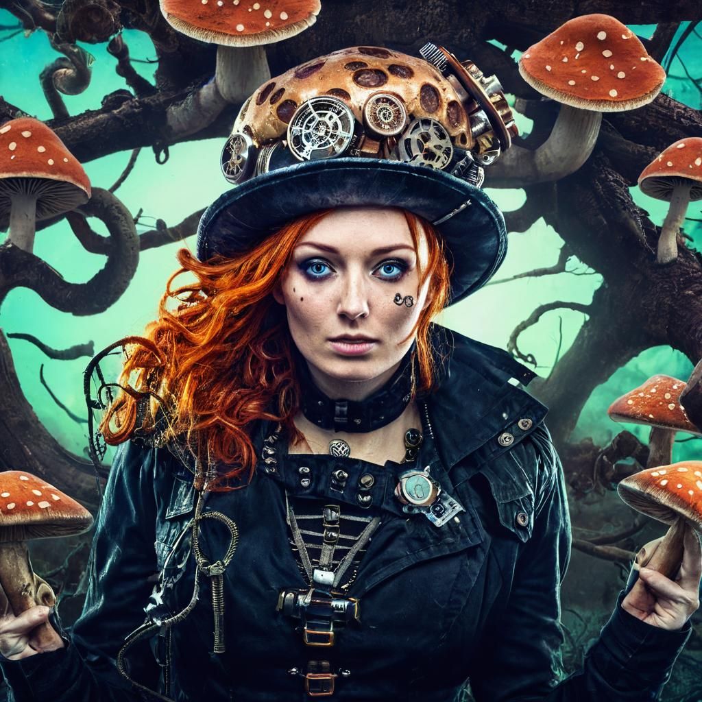 Steampunk Mushroom Woman in Dark Fantasy Portrait