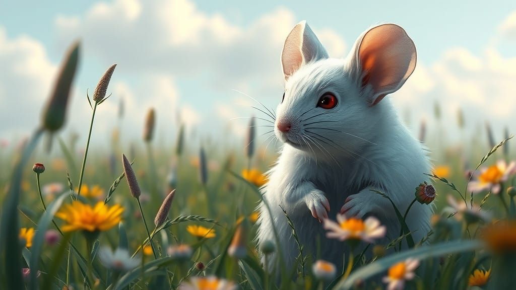 Serene White Mouse in Vibrant Field