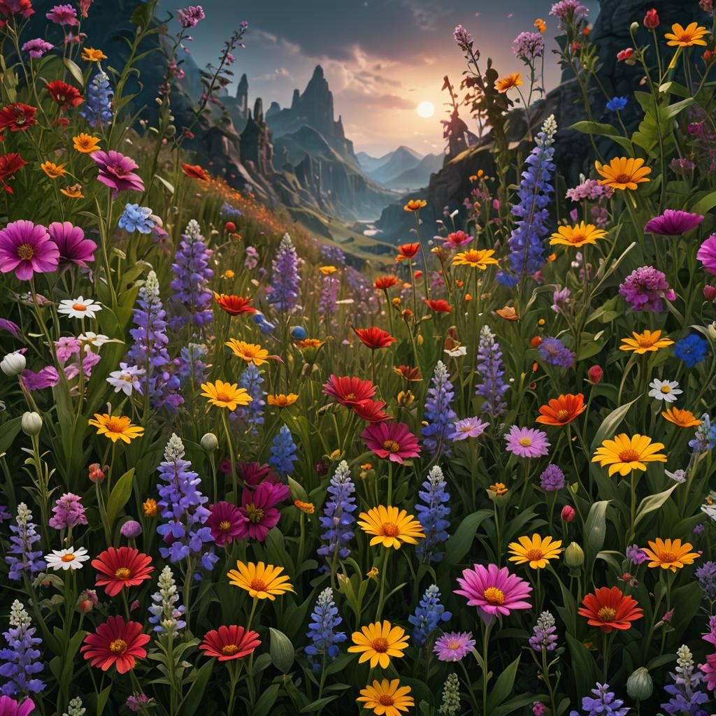 Detailed Matte Painting of Wildflowers in Deep Color