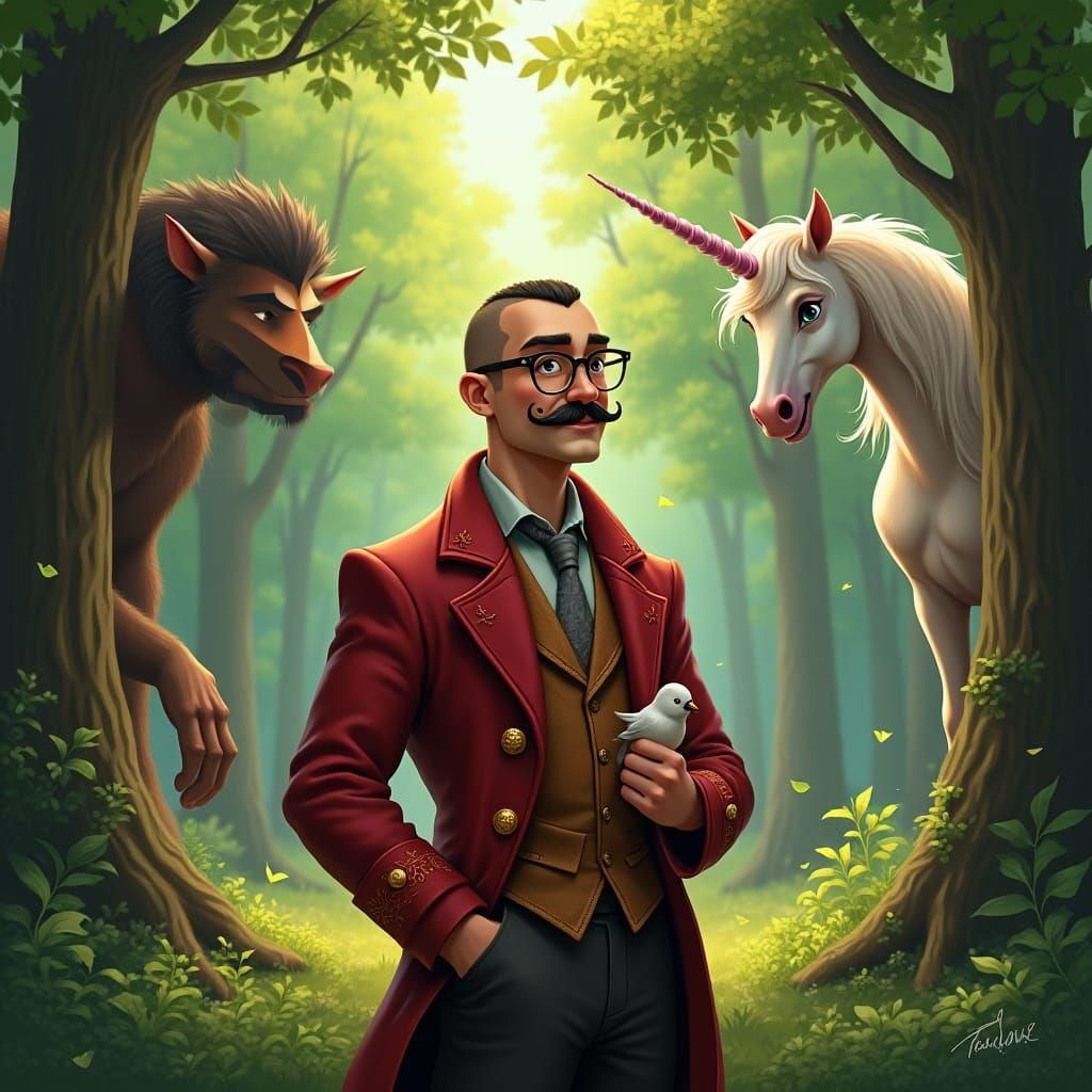 Fairytale Tailor with Unicorn in Enchanted Forest