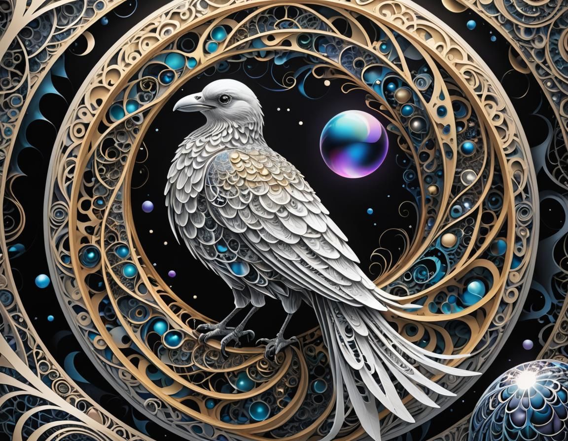 Lady White Crow on Orb: Abstract Fractal Art