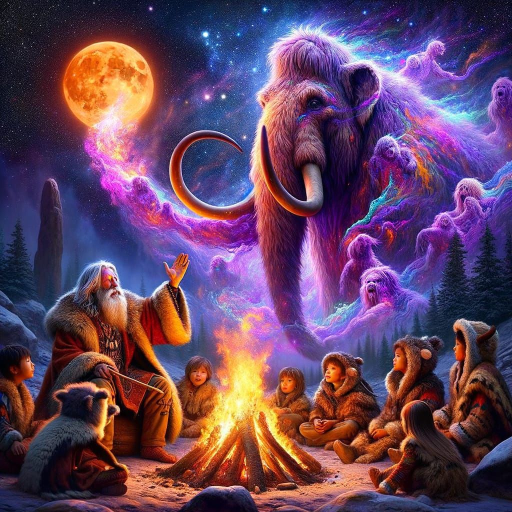 Bonfire Story: Elder Conjures Mammoth in Starry Sky