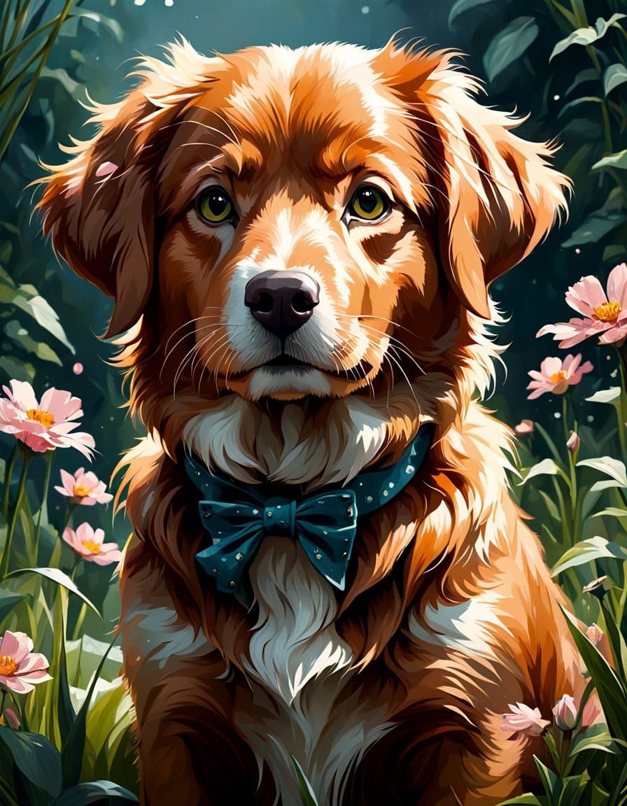 Adorable Retriever Puppy in Floral Spring, Digital Art