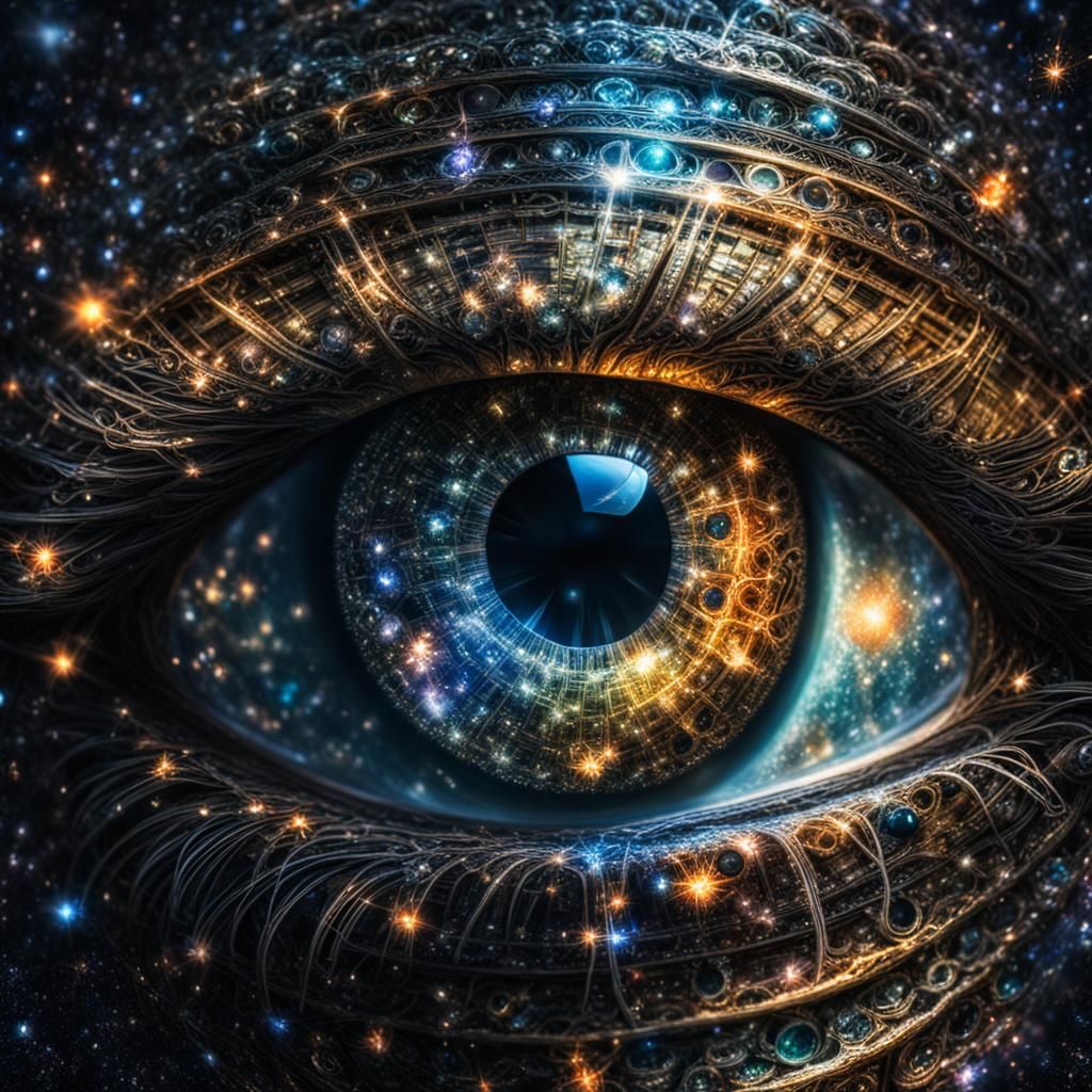 Cosmic Sparkling Eye Close-Up in Hyperrealistic Style