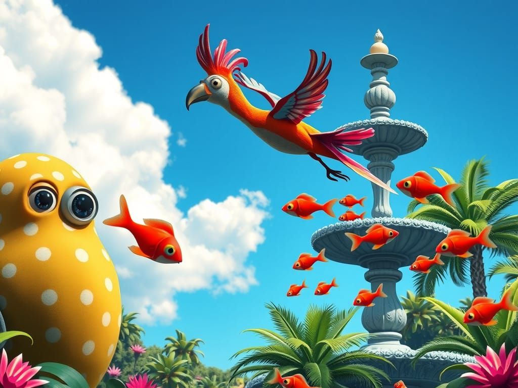 Whimsical Doctor Seuss Garden Scene with Iridescent Bird and...