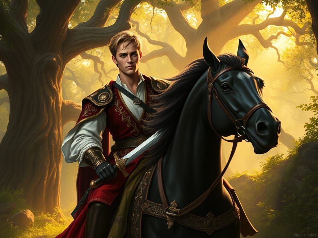 Medieval Prince Rides Majestically Through Enchanted Forest