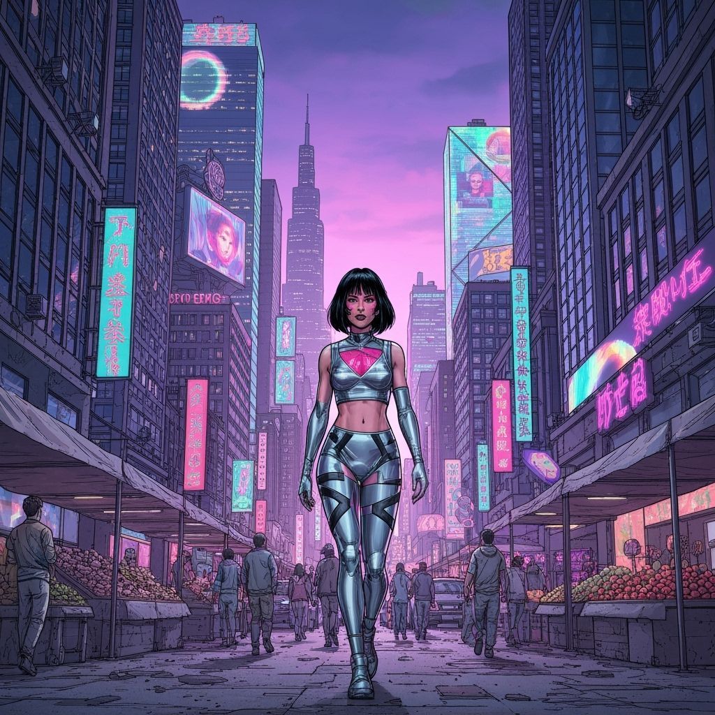 Y2K Cityscape with Woman in Neon Fashion