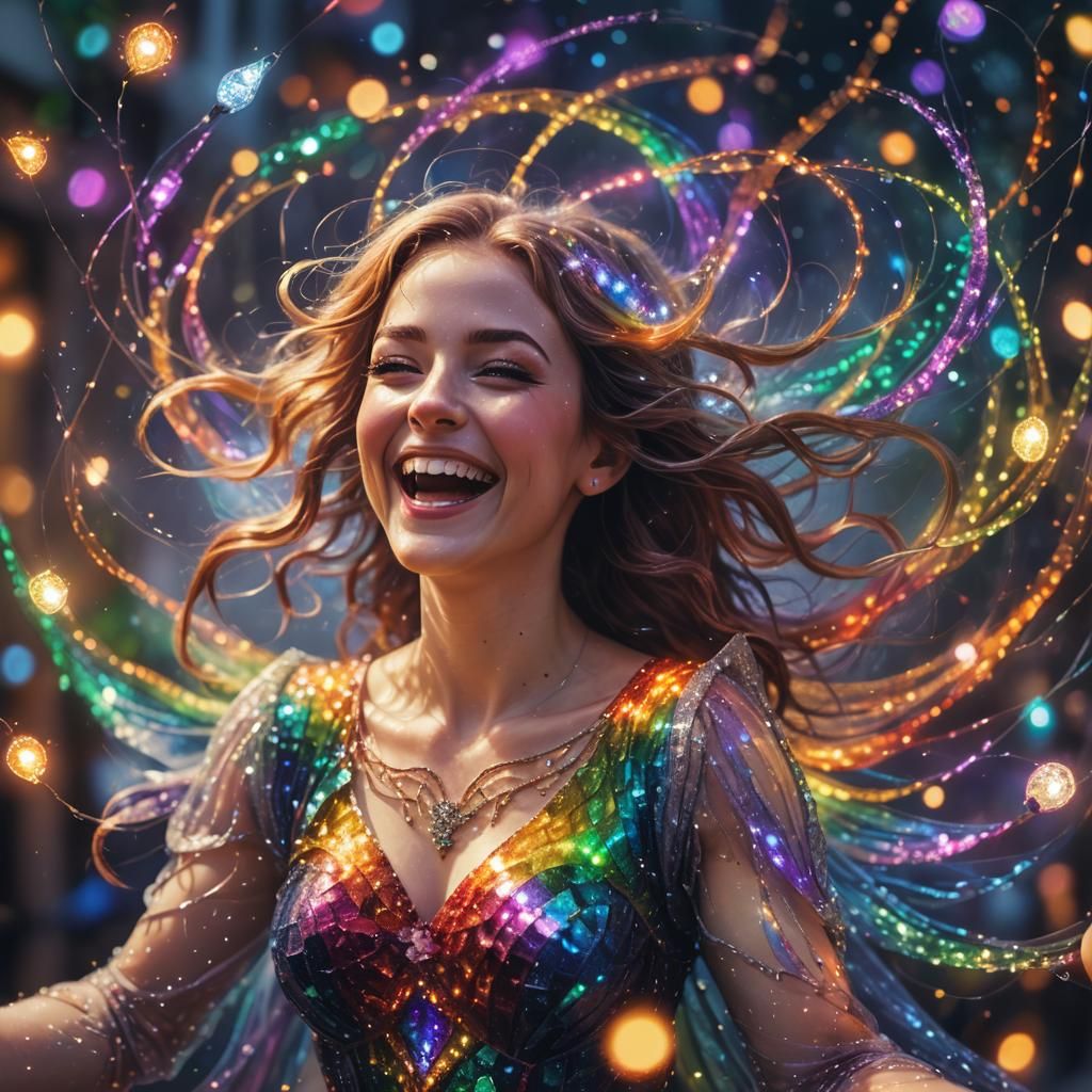 Laughing Rainbow Woman in Sparkling Mosaic