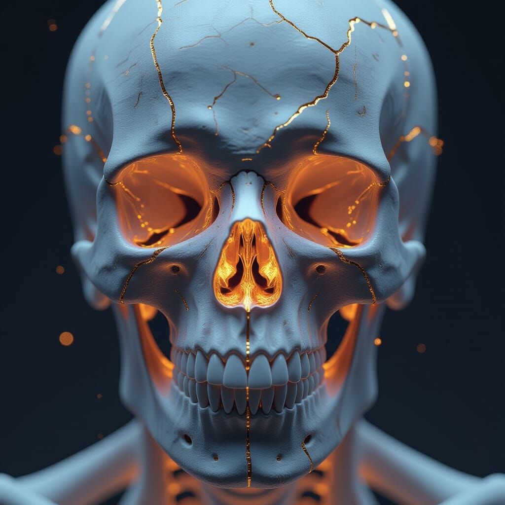 Crystal Skull with Golden Kintsugi Cracks in X-Ray Style
