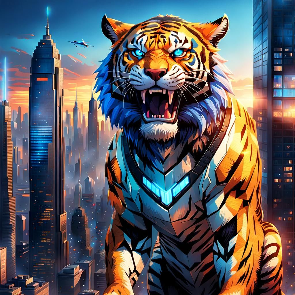 Blue Tiger Roars Atop Futuristic Cityscape