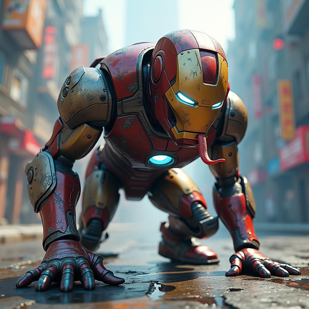 Iron Man as a Dog in Vibrant Cityscape