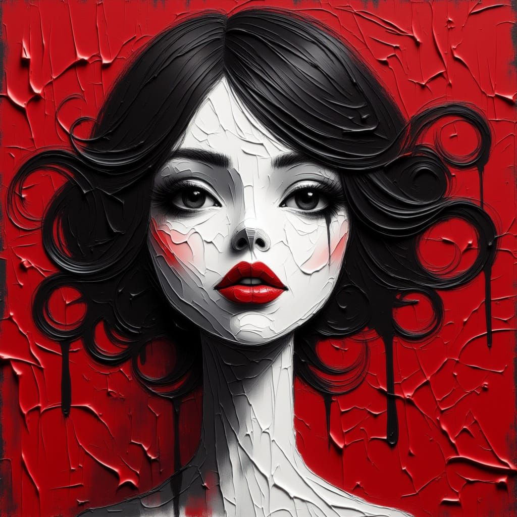 White-Faced Woman with Red Lips in Bold Impasto Style