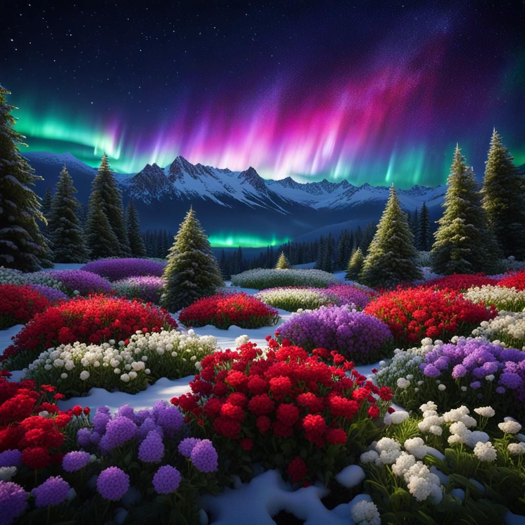 Aurora Flowerbed Scene in 3D Game Cinematic Style