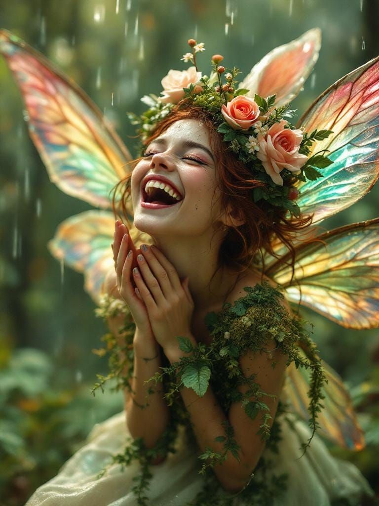 Joyful Fairy Dances in Summer Rain: Fantasy Art