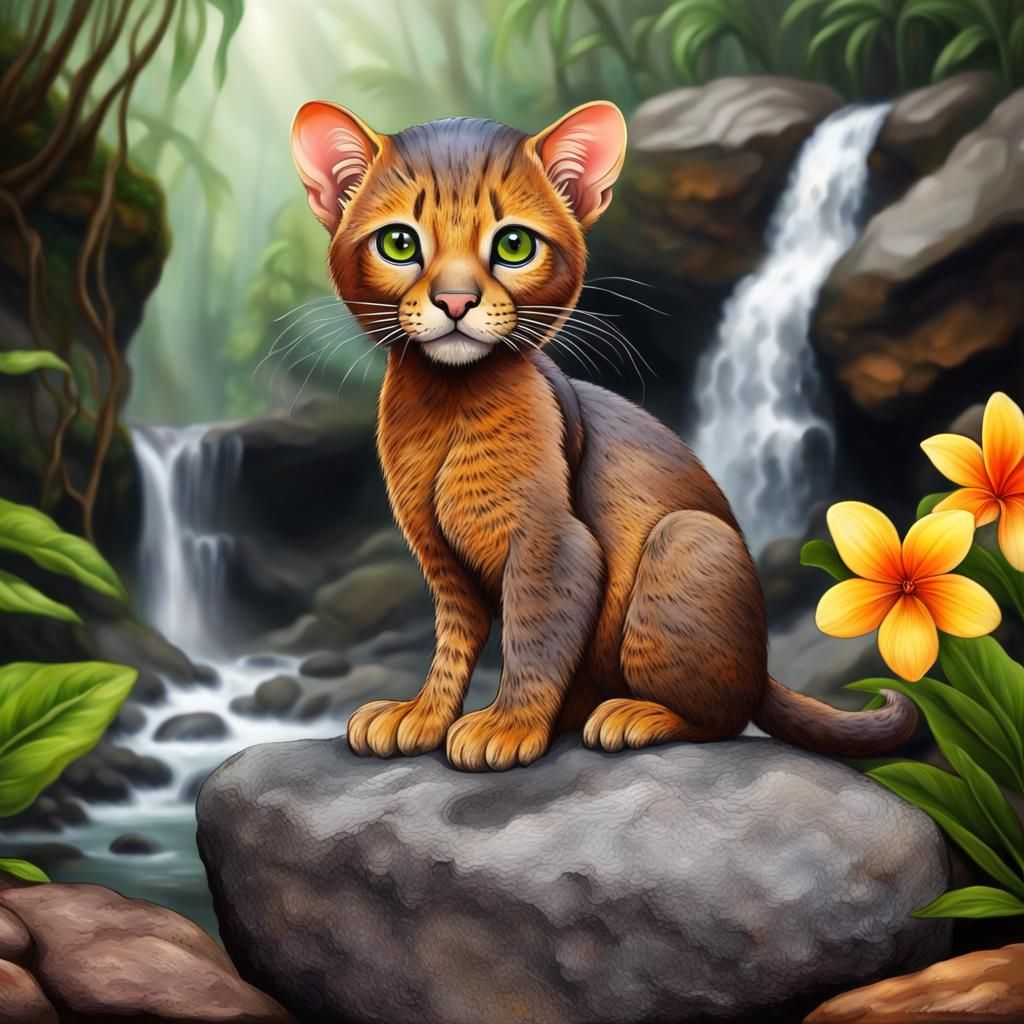 Chibi Jaguarundi in Amazon Rainforest, Airbrush Painting
