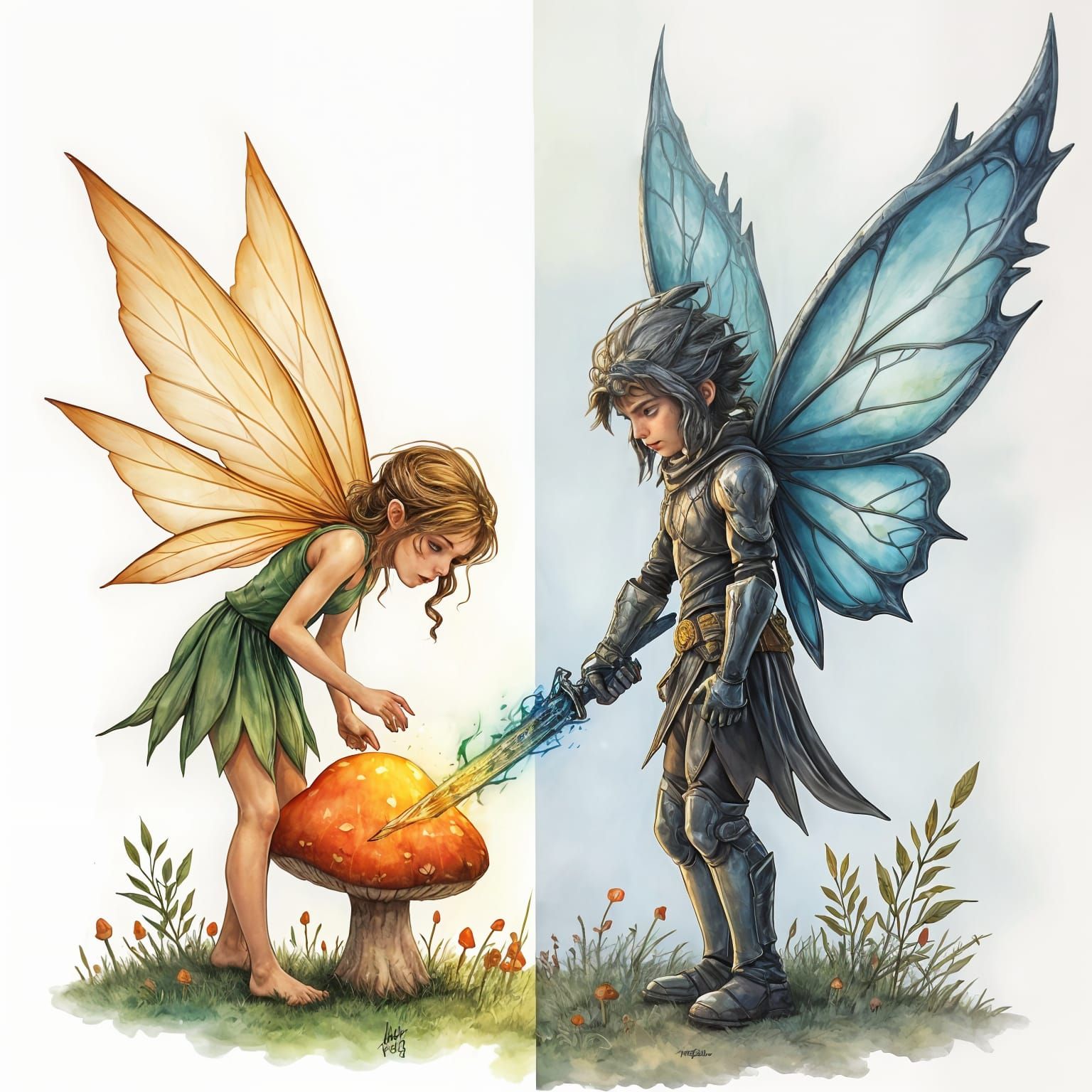 Contrasting Fairy Image in Watercolor Style