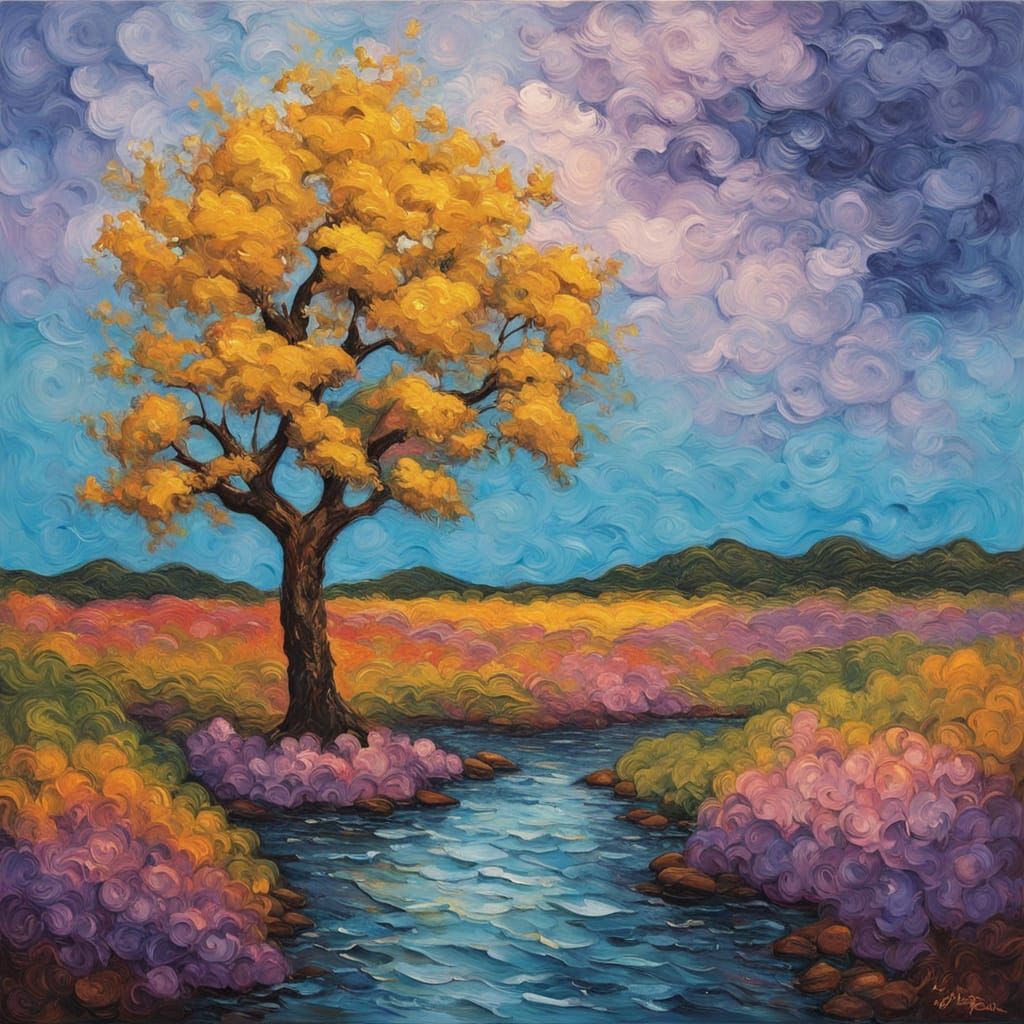 Vibrant Impasto Landscape with Colorful Tree
