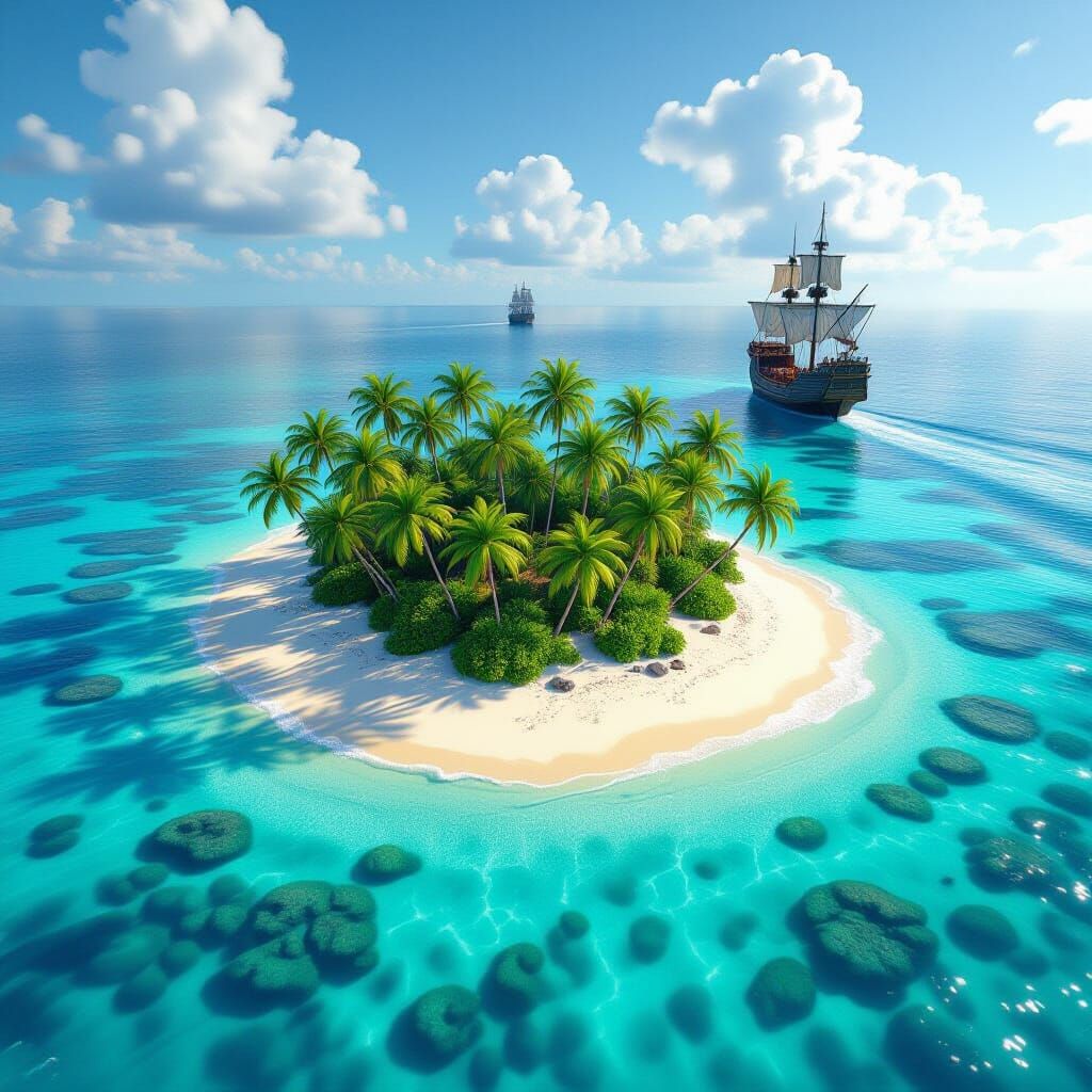 Photorealistic Tropical Island with Pirate Ship Above